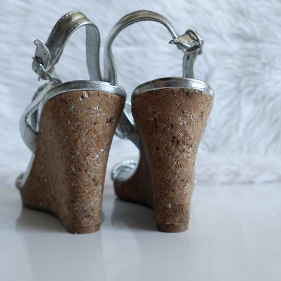 BCBG Paris Metallic Silver Faux Leather Woven Rope Strappy Cork Open Toe Wedges - Picture 10 of 15